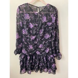 Zara Black & Purple Floral Ruffle Dress Size Large